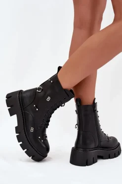 Botki Workery Damskie Z Ozdobami Ocieplane Czarne Lunea