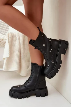 Botki Workery Damskie Z Ozdobami Ocieplane Czarne Lunea