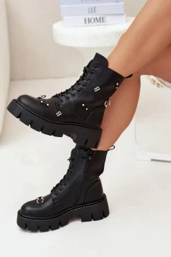 Botki Workery Damskie Z Ozdobami Ocieplane Czarne Lunea