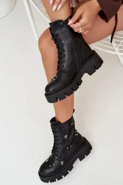 Botki Workery Damskie Z Ozdobami Ocieplane Czarne Lunea