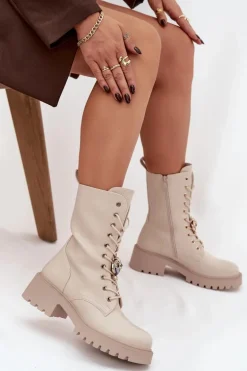 Botki Workery Damskie Z Ozdobą Beżowe Jorayne