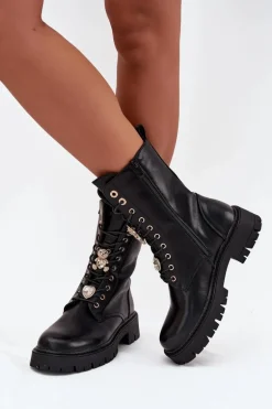 Botki Workery Damskie Z Przypinkami Ocieplane Czarne Lomina