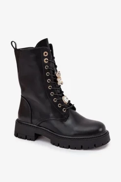 Botki Workery Damskie Z Przypinkami Ocieplane Czarne Lomina