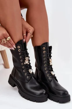 Botki Workery Damskie Z Przypinkami Ocieplane Czarne Lomina