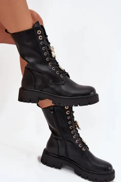 Botki Workery Damskie Z Przypinkami Ocieplane Czarne Lomina