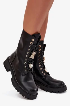 Botki Workery Damskie Z Przypinkami Ocieplane Czarne Lomina