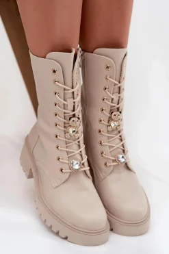 Botki Workery Damskie Z Przypinkami Miś Serce Beżowe Iravine