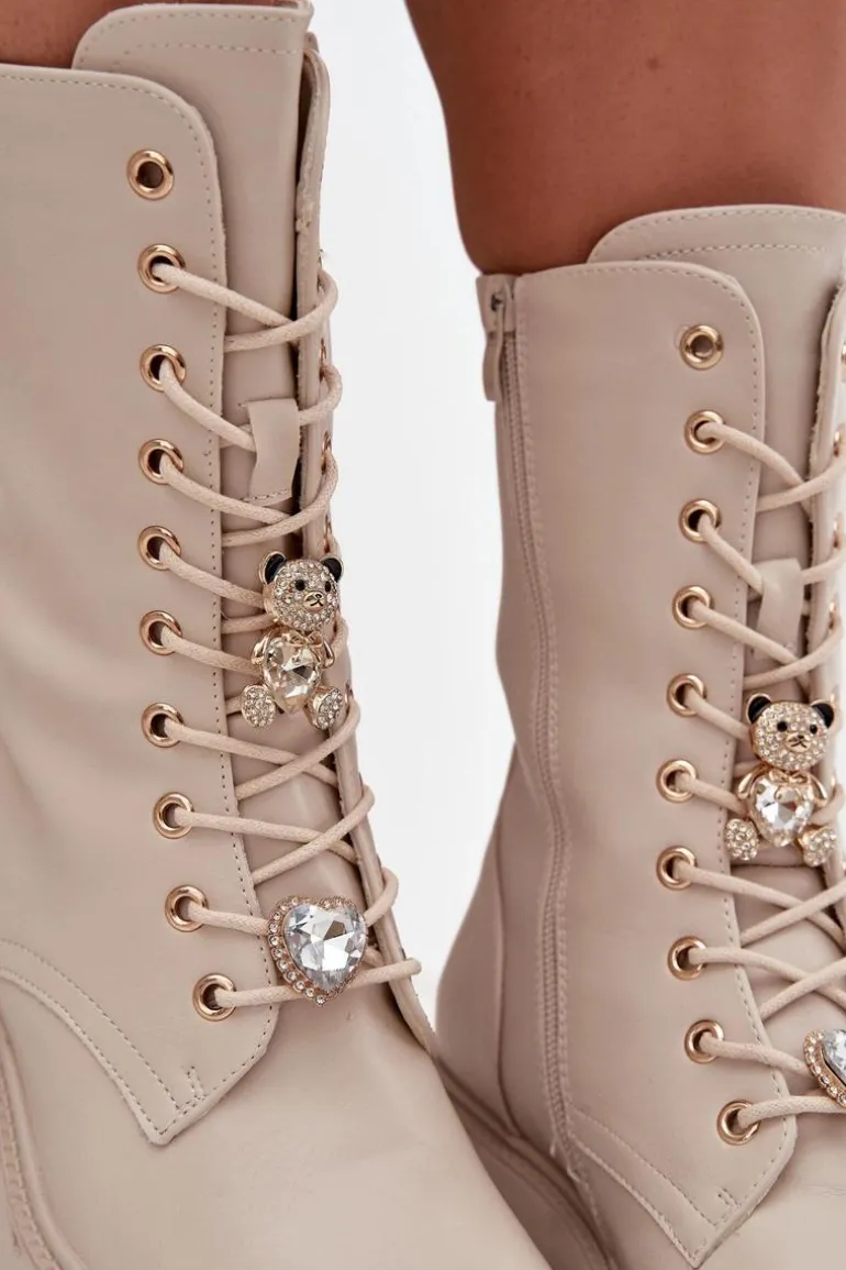 Botki Workery Damskie Z Przypinkami Miś Serce Beżowe Iravine