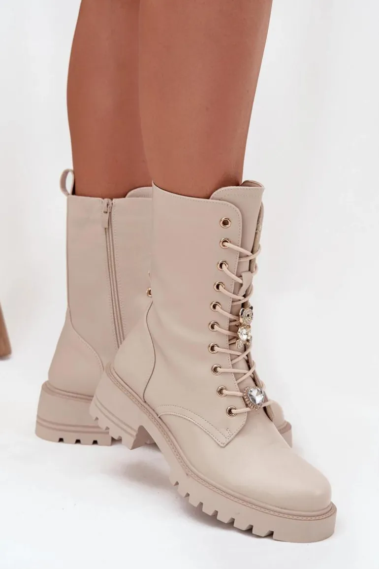 Botki Workery Damskie Z Przypinkami Miś Serce Beżowe Iravine