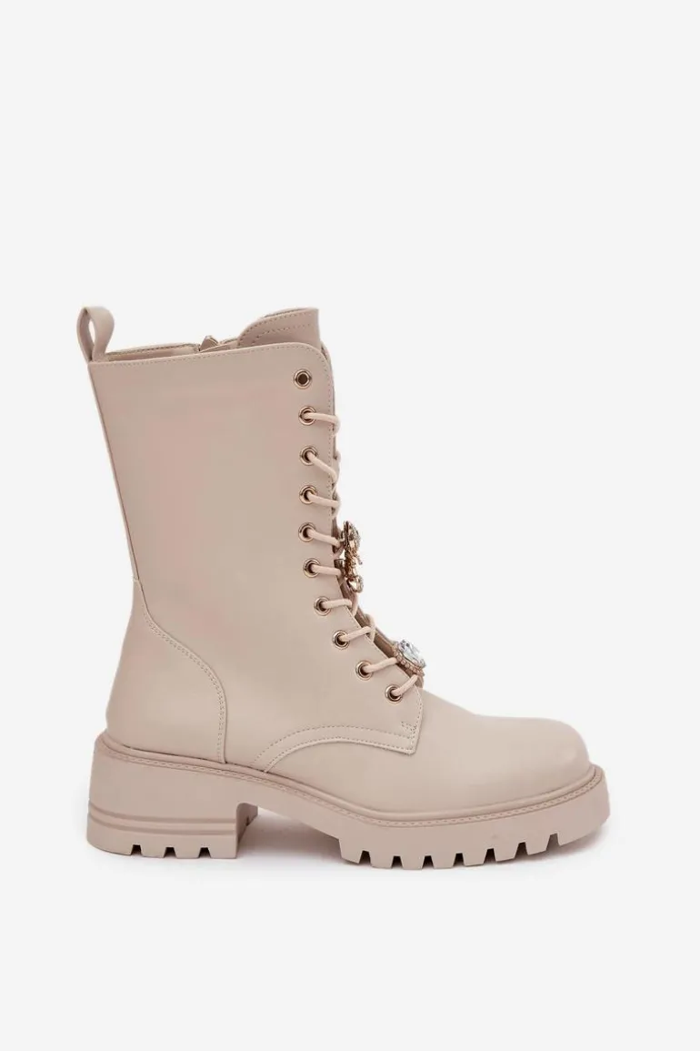 Botki Workery Damskie Z Przypinkami Miś Serce Beżowe Iravine