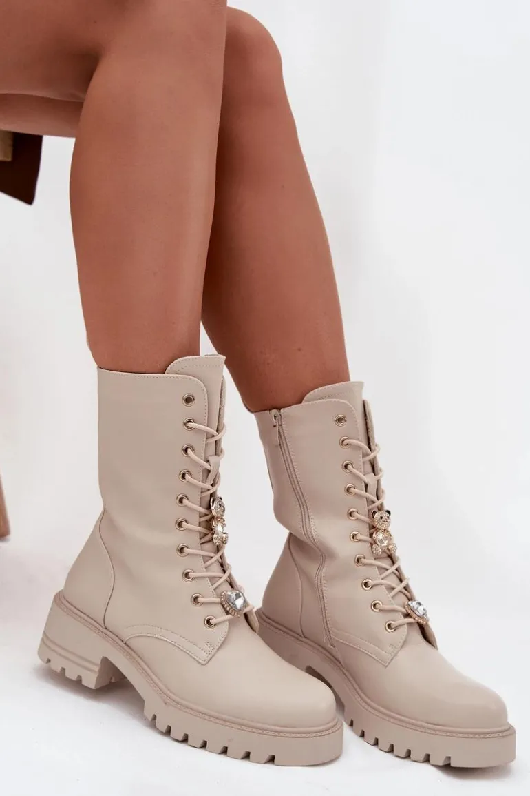 Botki Workery Damskie Z Przypinkami Miś Serce Beżowe Iravine