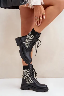 Botki Workery Damskie Ze Skarpetą Zebra Czarne Raviri