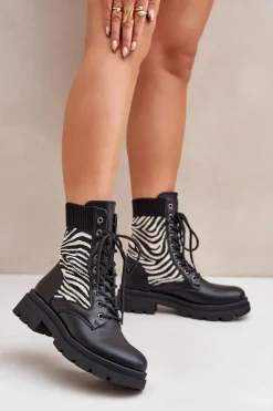 Botki Workery Damskie Ze Skarpetą Zebra Czarne Raviri