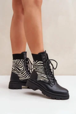 Botki Workery Damskie Ze Skarpetą Zebra Czarne Raviri