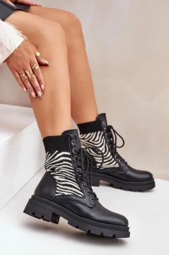 Botki Workery Damskie Ze Skarpetą Zebra Czarne Raviri