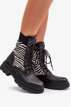 Botki Workery Damskie Ze Skarpetą Zebra Czarne Raviri
