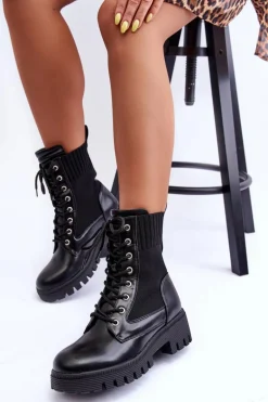 Botki Workery Damskie Ze Skarpetą Czarne Melaste