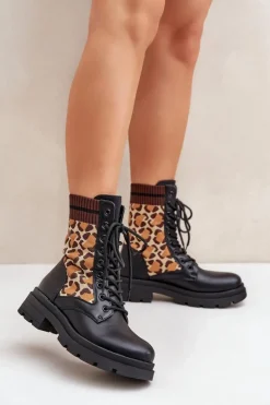 Botki Workery Damskie Ze Skarpetą W Panterkę Czarne Penthis