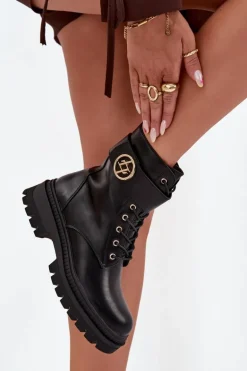 Botki Workery Damskie Ze Złotym Detalem Ocieplane Czarne Fiorena