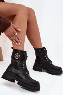 Botki Workery Damskie Ze Złotym Detalem Ocieplane Czarne Fiorena