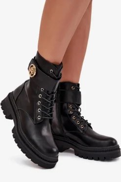 Botki Workery Damskie Ze Złotym Detalem Ocieplane Czarne Fiorena