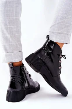 Botki Workery Lakierowane Na Suwak Czarne Vica