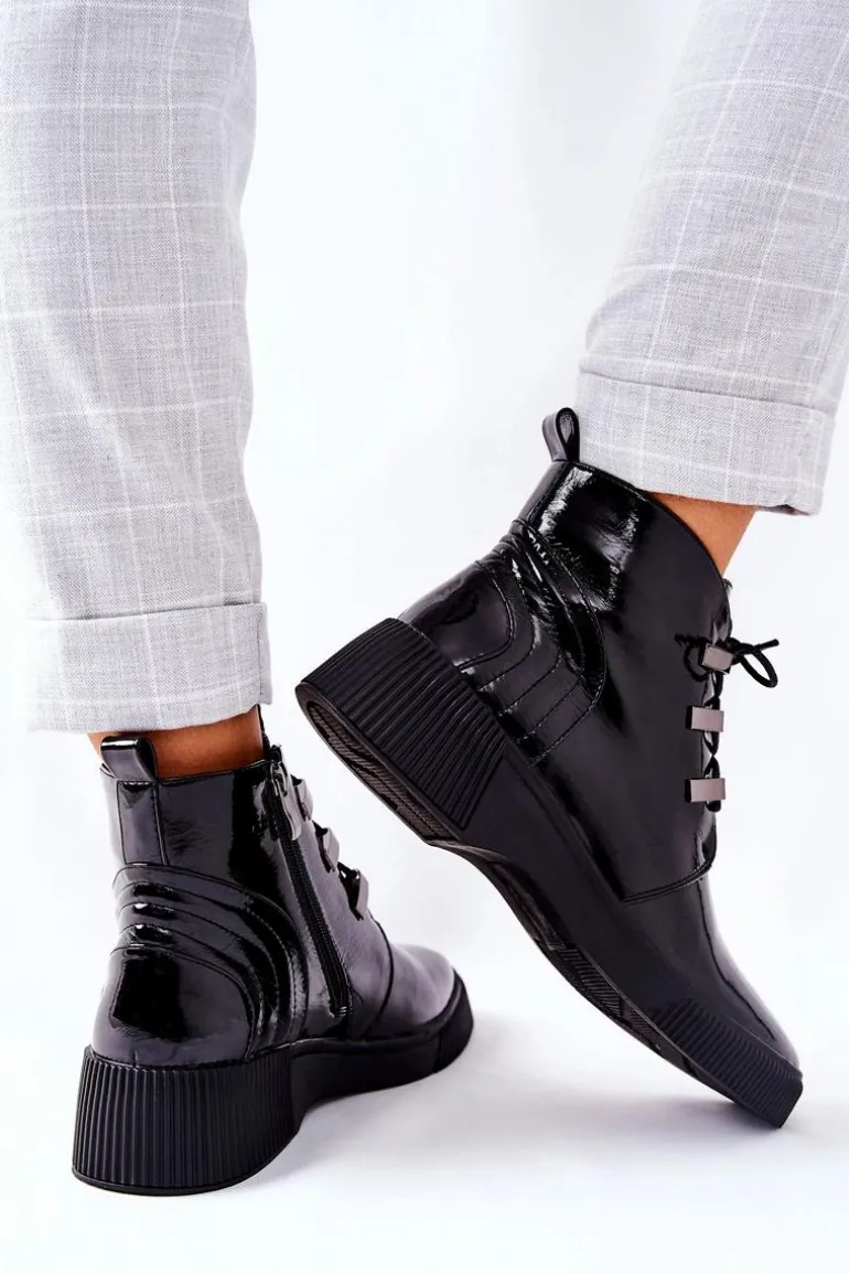 Botki Workery Lakierowane Na Suwak Czarne Vica