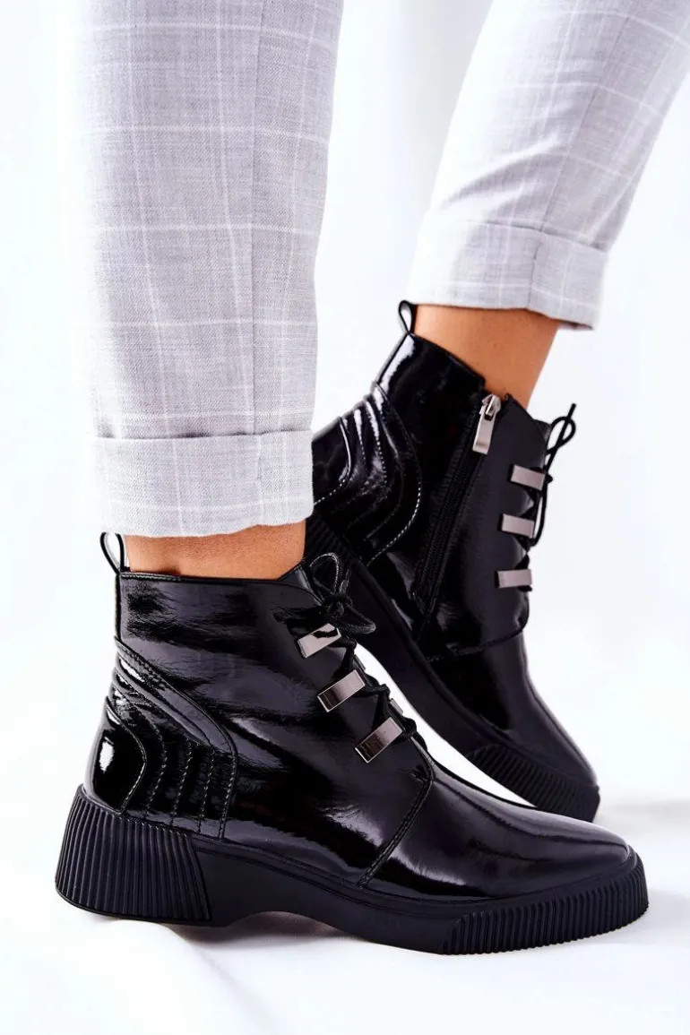 Botki Workery Lakierowane Na Suwak Czarne Vica