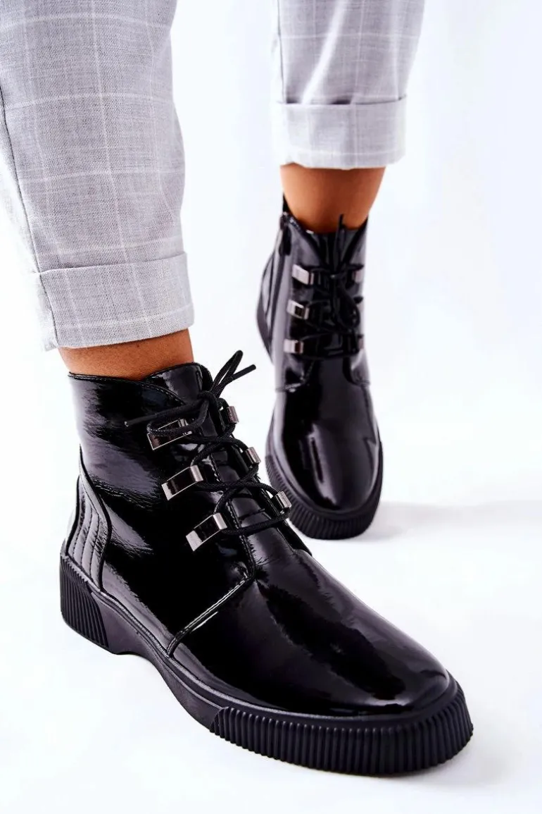 Botki Workery Lakierowane Na Suwak Czarne Vica