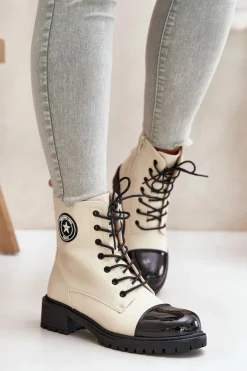 Botki Workery Na Zamek Ocieplane Beżowo-Czarne Soratta