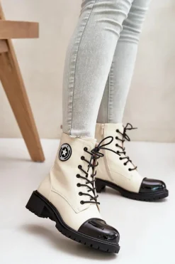 Botki Workery Na Zamek Ocieplane Beżowo-Czarne Soratta