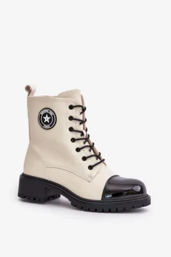 Botki Workery Na Zamek Ocieplane Beżowo-Czarne Soratta