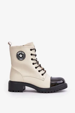 Botki Workery Na Zamek Ocieplane Beżowo-Czarne Soratta