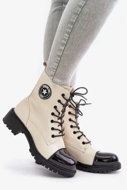 Botki Workery Na Zamek Ocieplane Beżowo-Czarne Soratta
