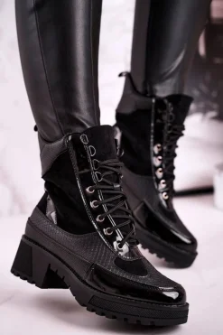 Botki Workery Ocieplane Czarne Print Zwierzęcy Helena