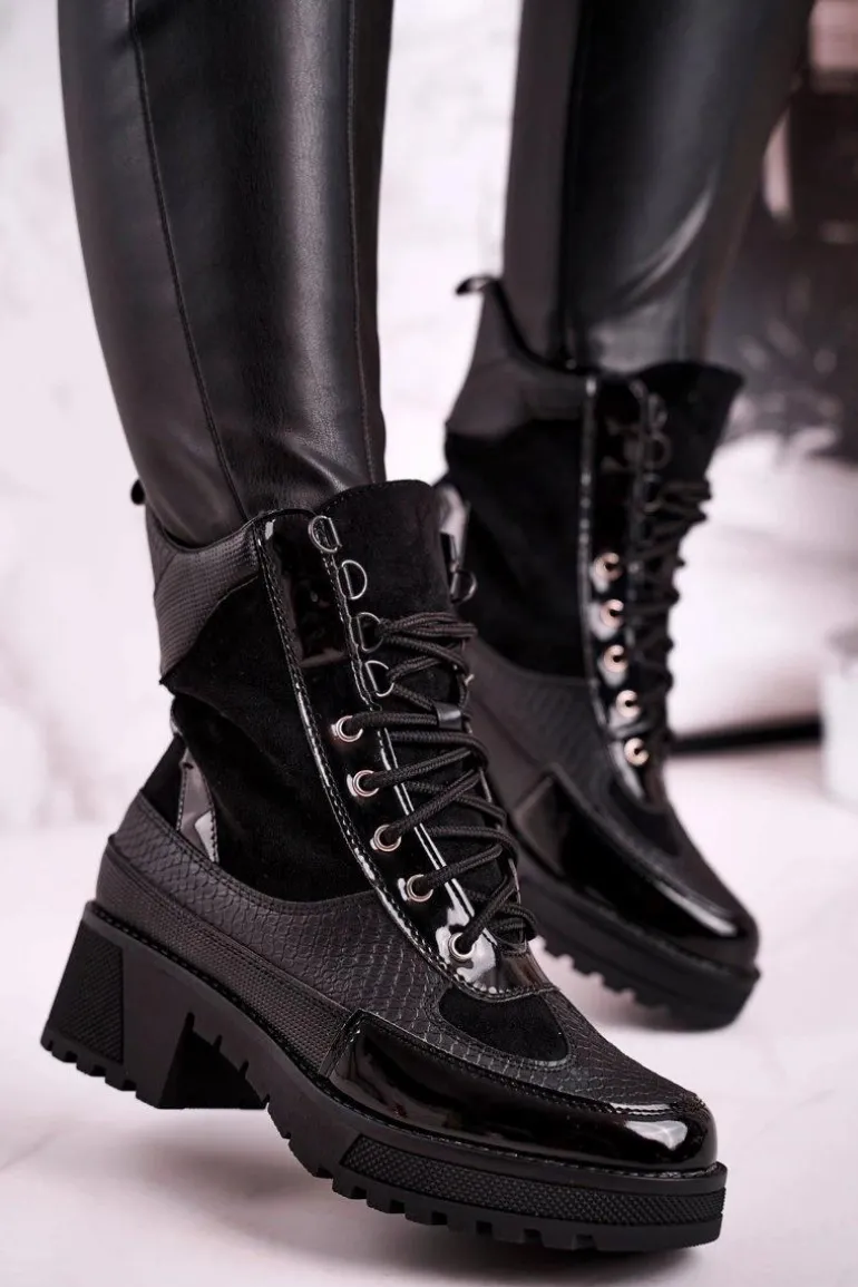 Botki Workery Ocieplane Czarne Print Zwierzęcy Helena