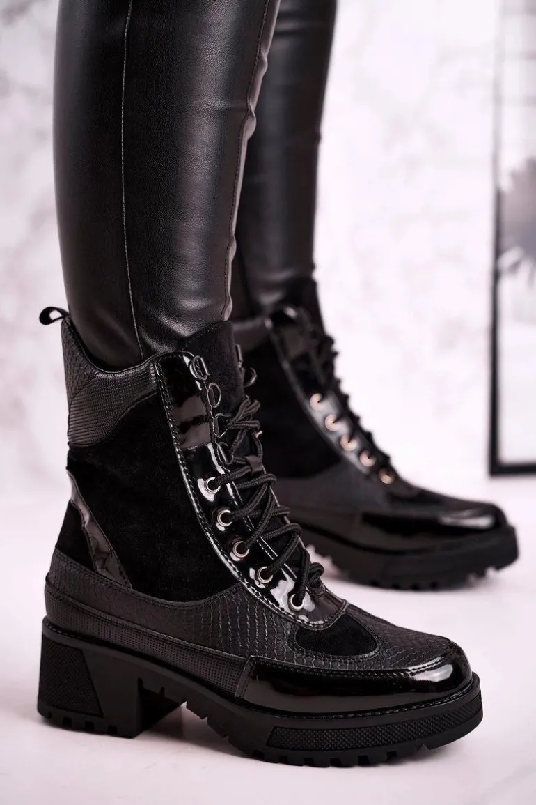 Botki Workery Ocieplane Czarne Print Zwierzęcy Helena