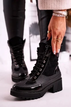 Botki Workery Ocieplane Czarne Print Zwierzęcy Helena