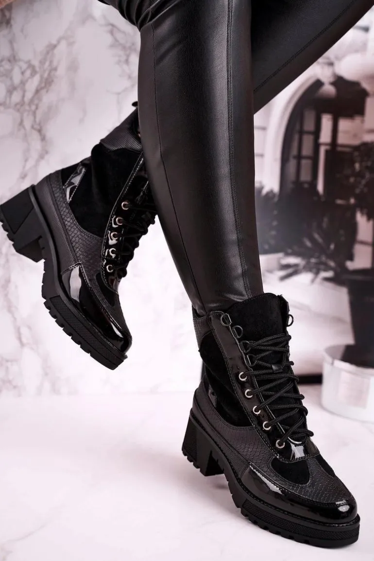 Botki Workery Ocieplane Czarne Print Zwierzęcy Helena