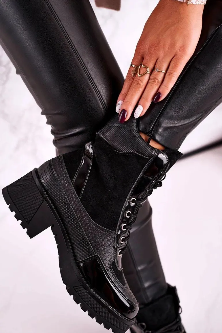 Botki Workery Ocieplane Czarne Print Zwierzęcy Helena