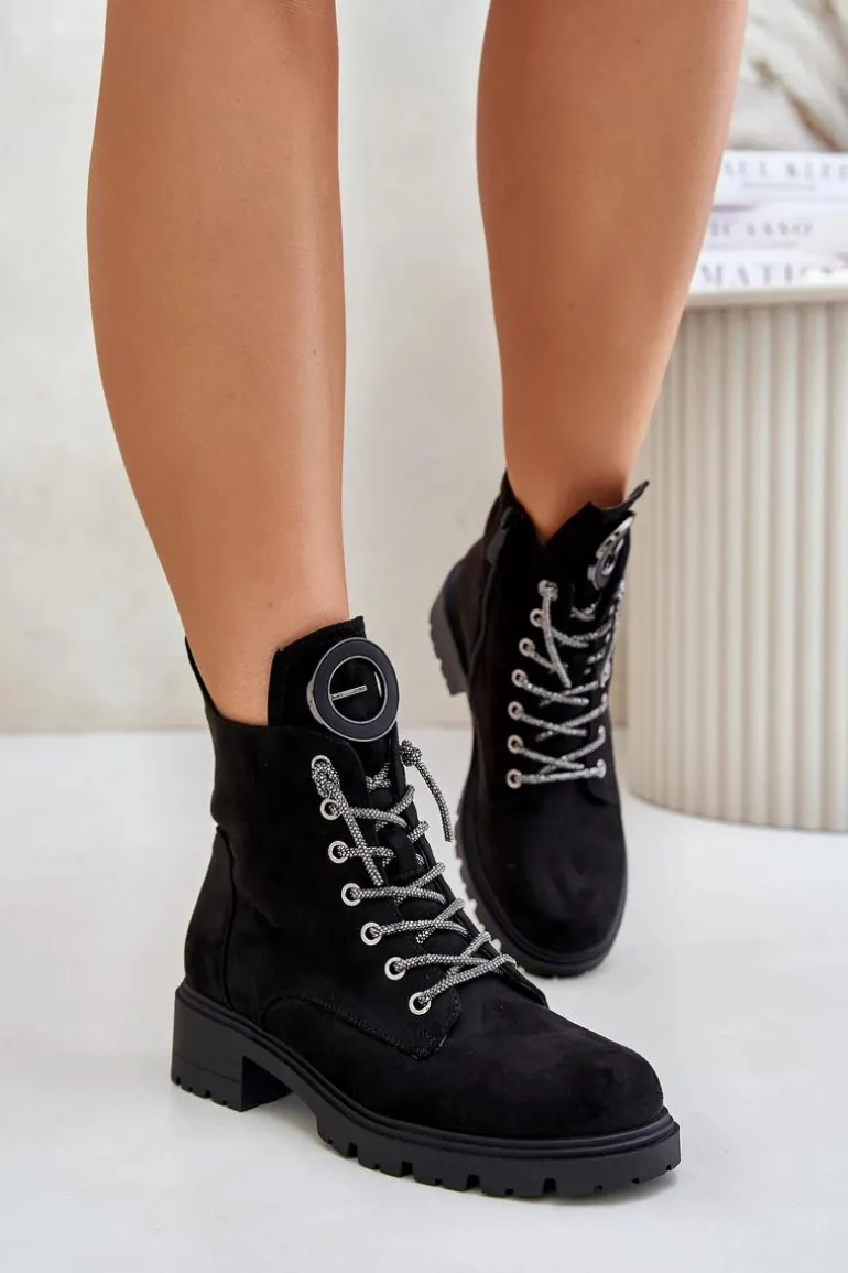 Botki Workery Ocieplane Z Ozdobnym Sznurowaniem Vinceza 16465 Czarne