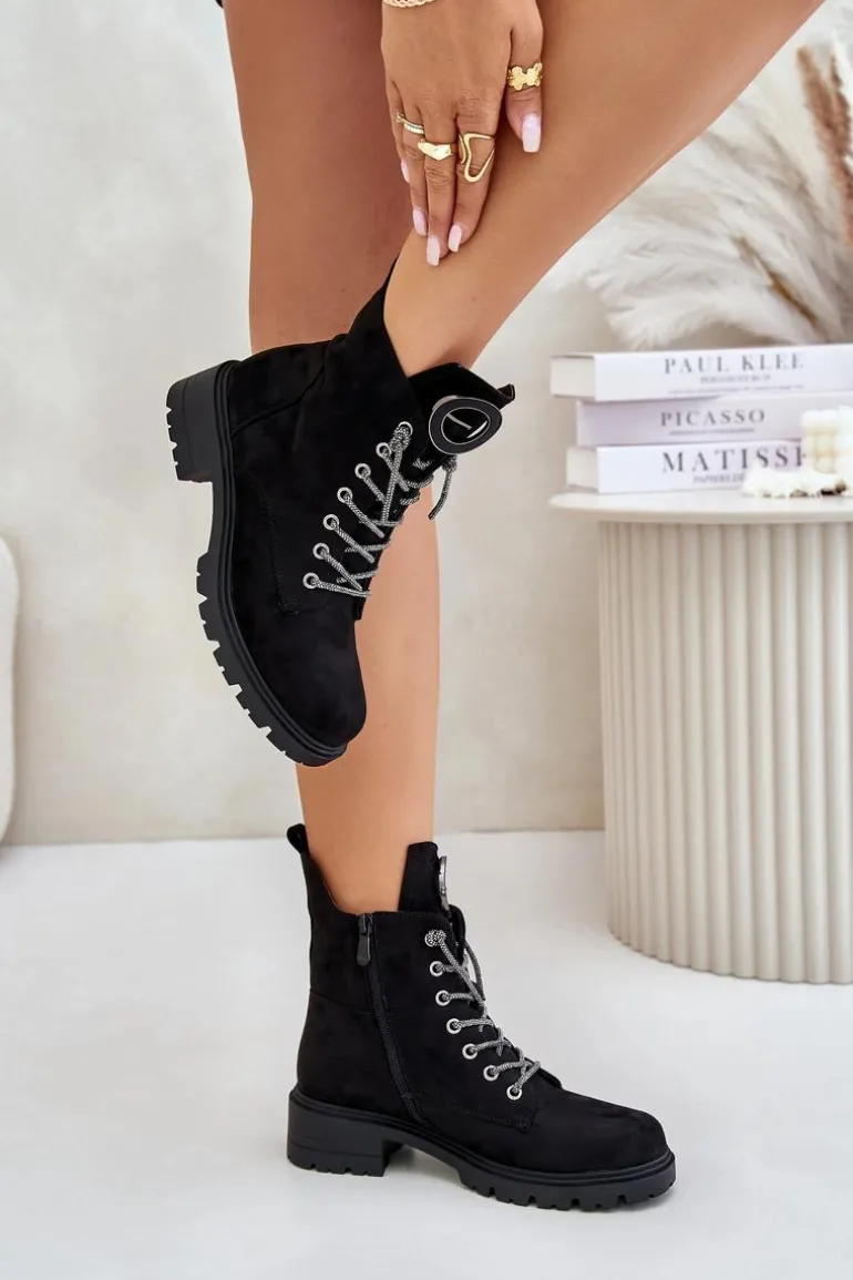 Botki Workery Ocieplane Z Ozdobnym Sznurowaniem Vinceza 16465 Czarne