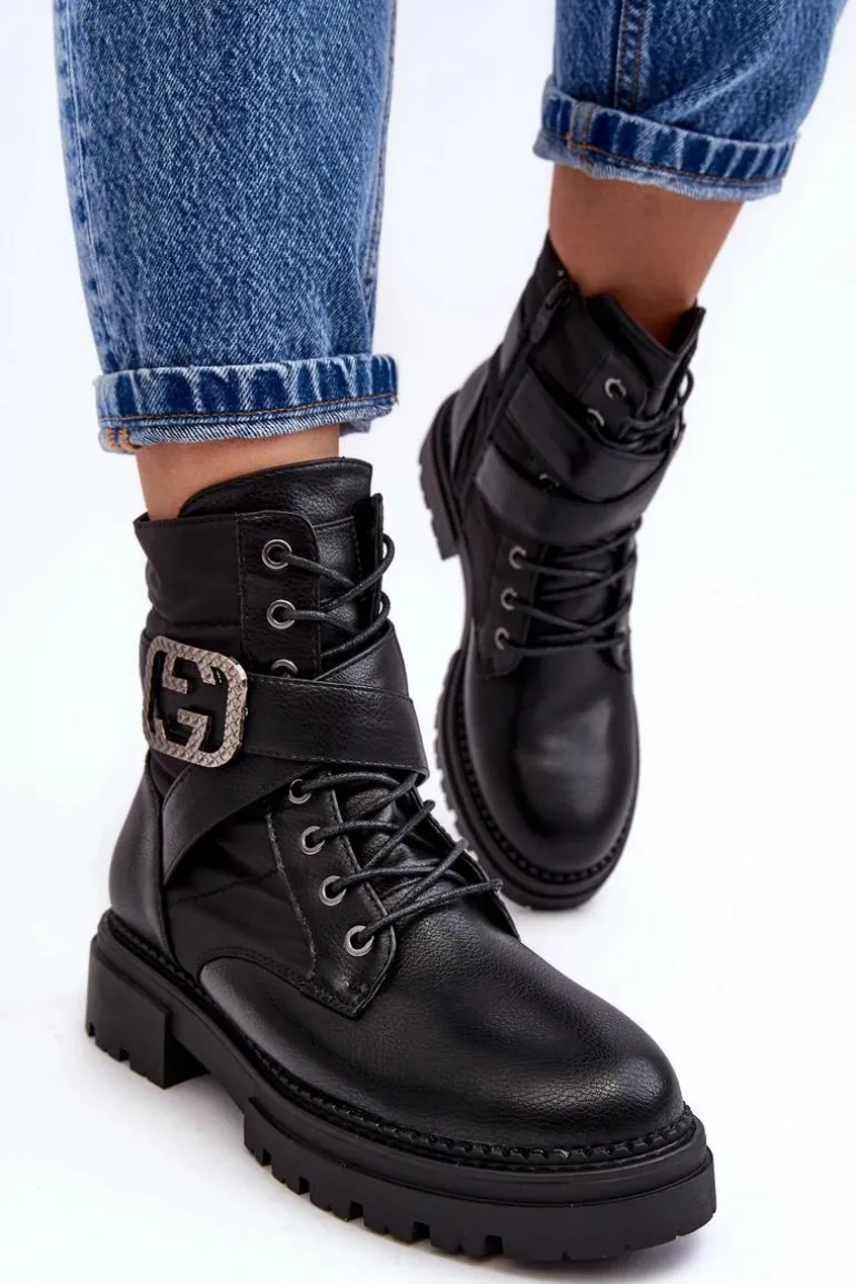 Botki Workery Z Łańcuchem Skórzane Czarne Gennee