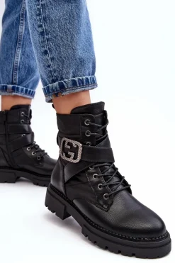 Botki Workery Z Łańcuchem Skórzane Czarne Gennee