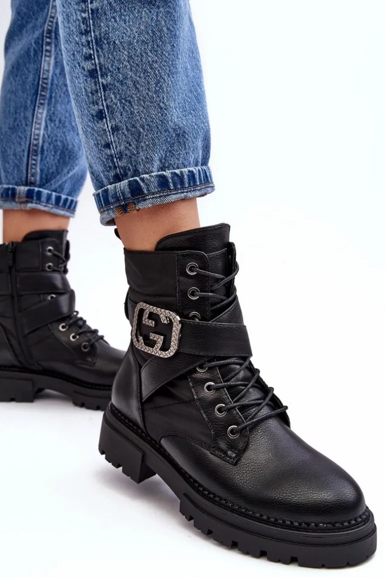 Botki Workery Z Łańcuchem Skórzane Czarne Gennee