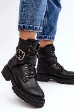 Botki Workery Z Łańcuchem Skórzane Czarne Gennee