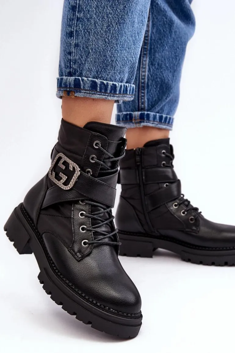 Botki Workery Z Łańcuchem Skórzane Czarne Gennee