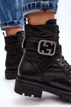 Botki Workery Z Łańcuchem Skórzane Czarne Gennee