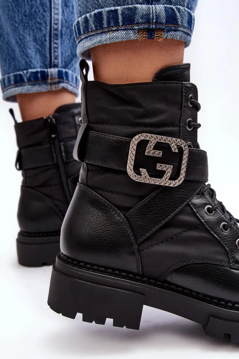 Botki Workery Z Łańcuchem Skórzane Czarne Gennee