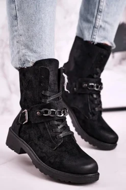 Botki Workery Z Łańcuchem Zamszowe Czarne Augusta